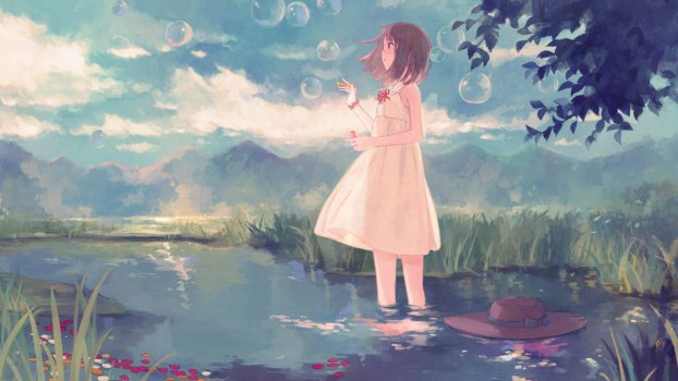 天空小女孩羽毛鸟儿唯美梦幻动漫风景6k图片