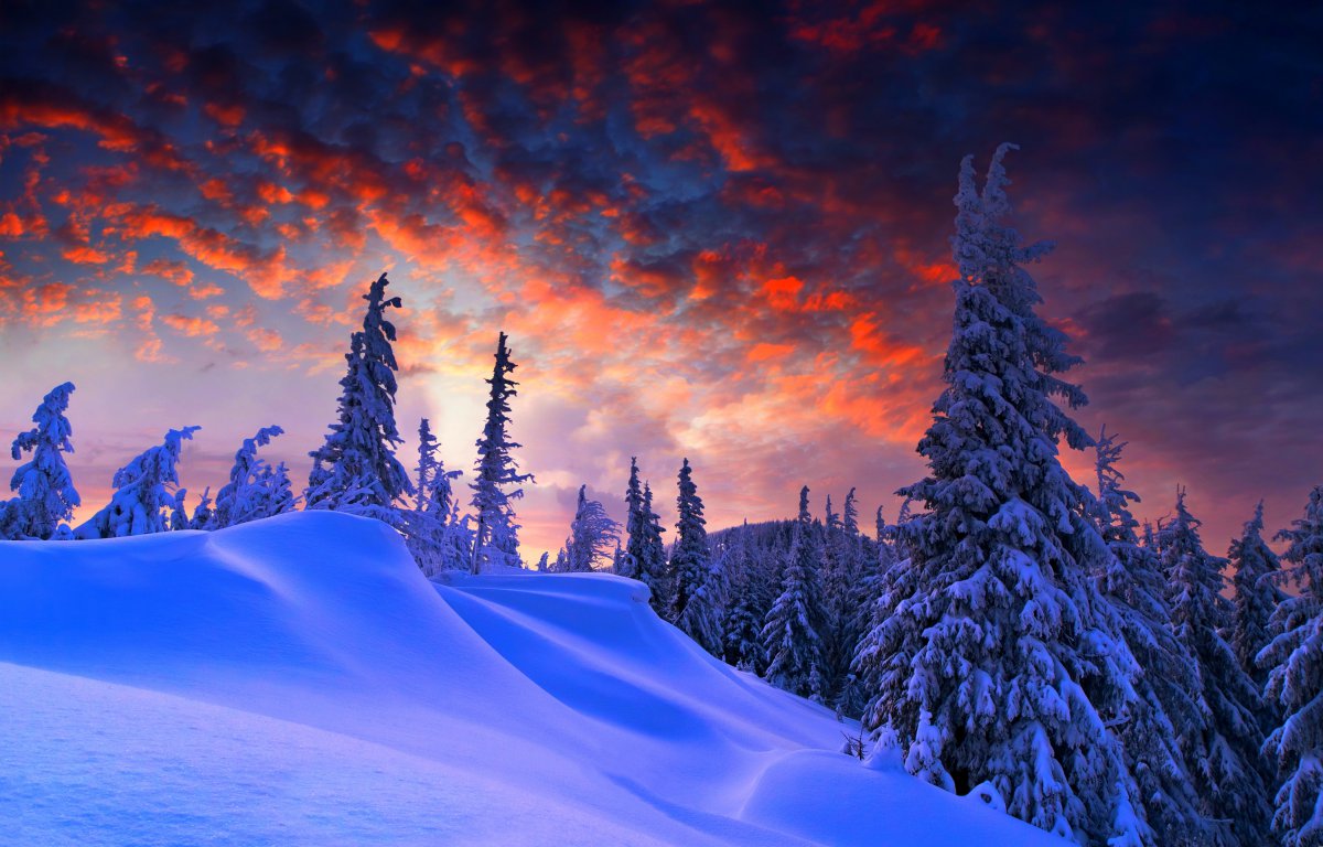 自然冬天山雪树林天空4k风景图片