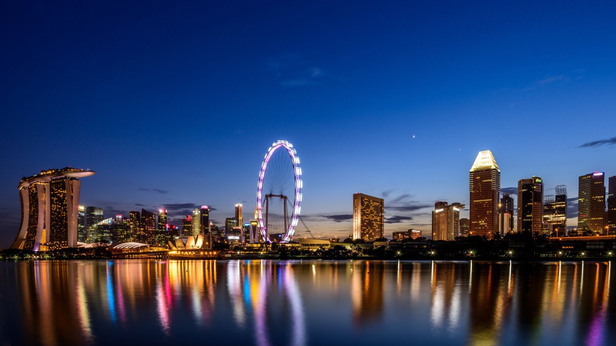 费里斯轮,摩天轮,夜晚海边城市,摩天大楼4k风景图片,4k高清风景图片