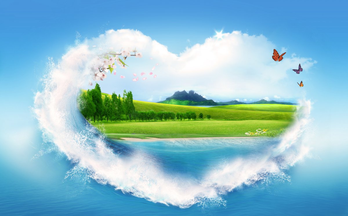 心形爱心山水风景画蝴蝶创意5k风景图片图片