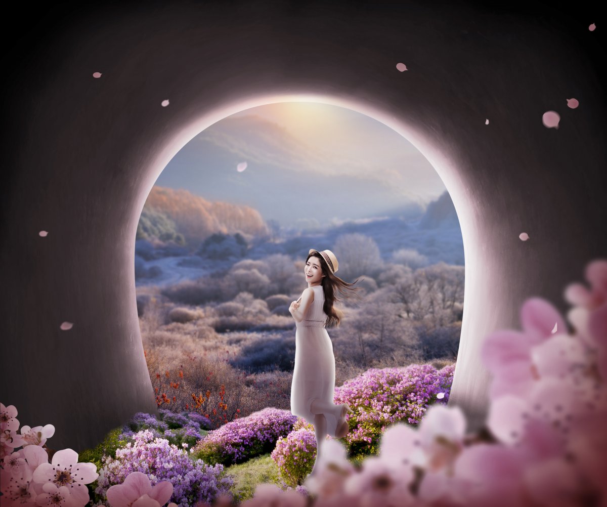 奇幻隧道风景海报美女鲜花山4k图片