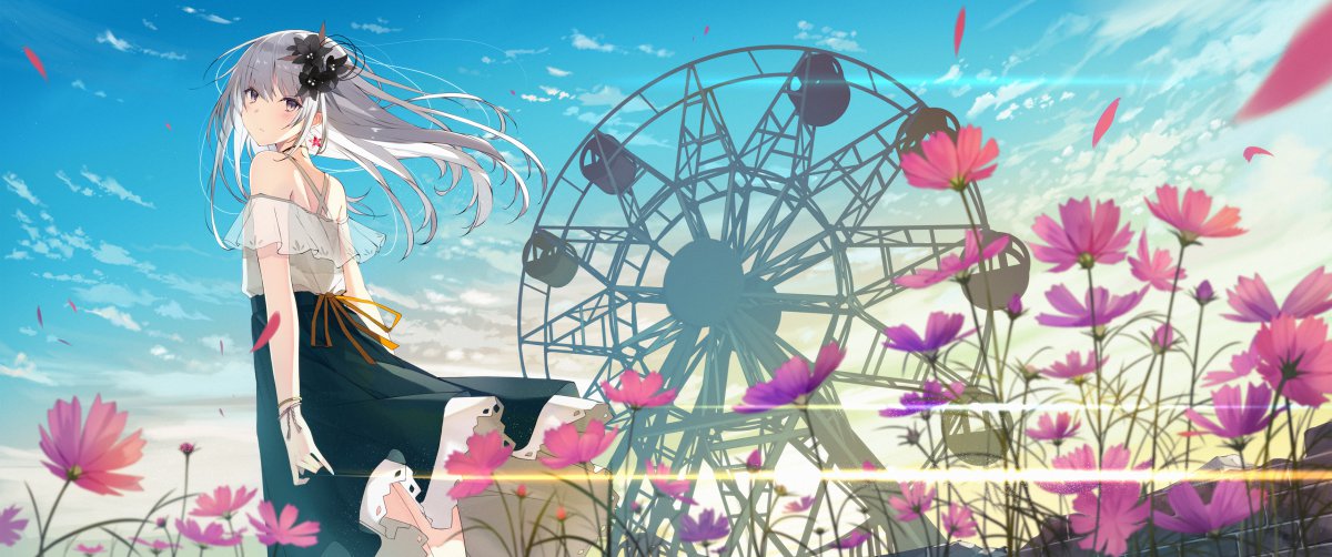 女子连衣裙服装大波斯菊天空风景动漫图片