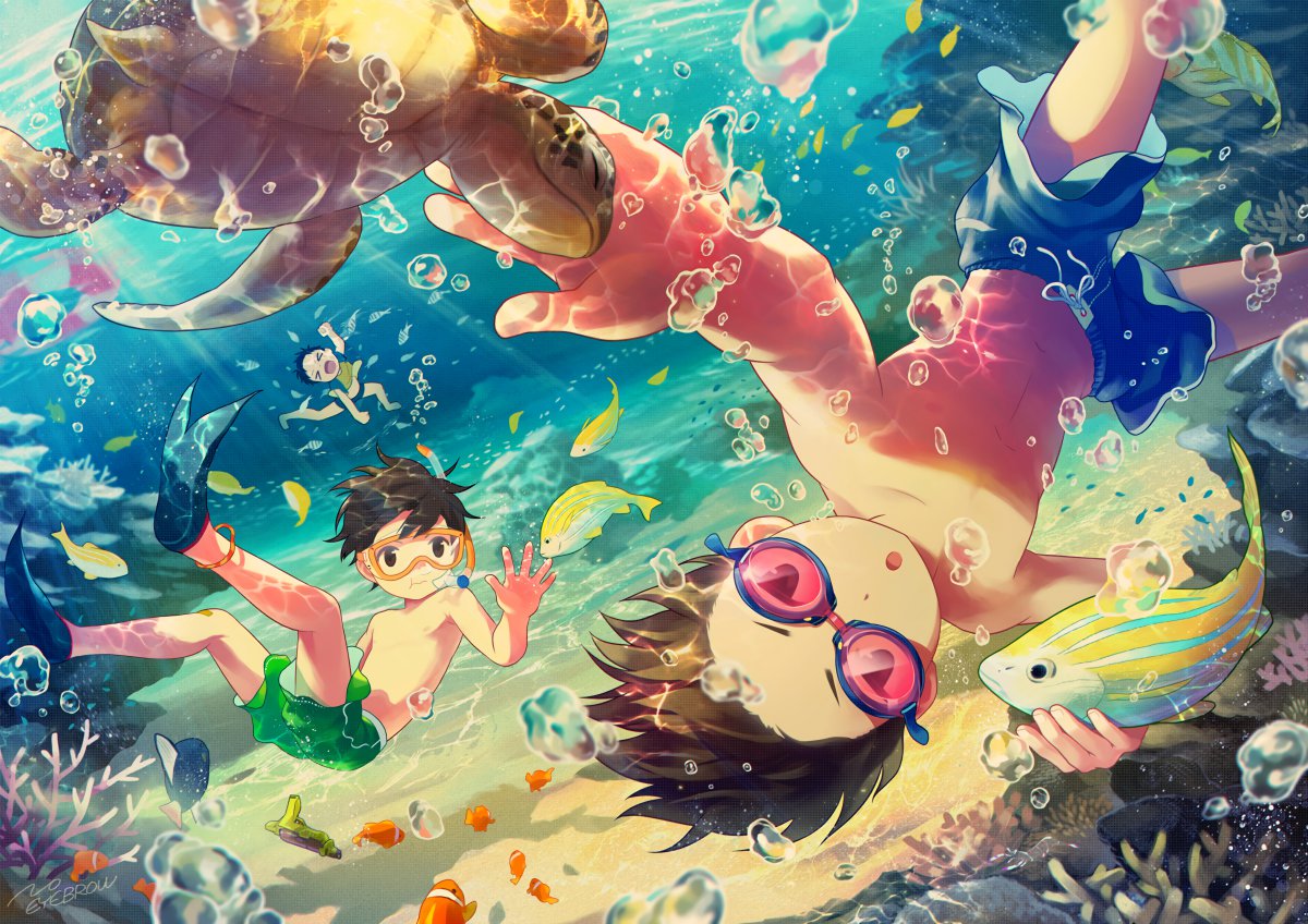 海底世界 男孩 鱼 海龟 4k动漫图片,4k高清动漫图片,娟娟壁纸