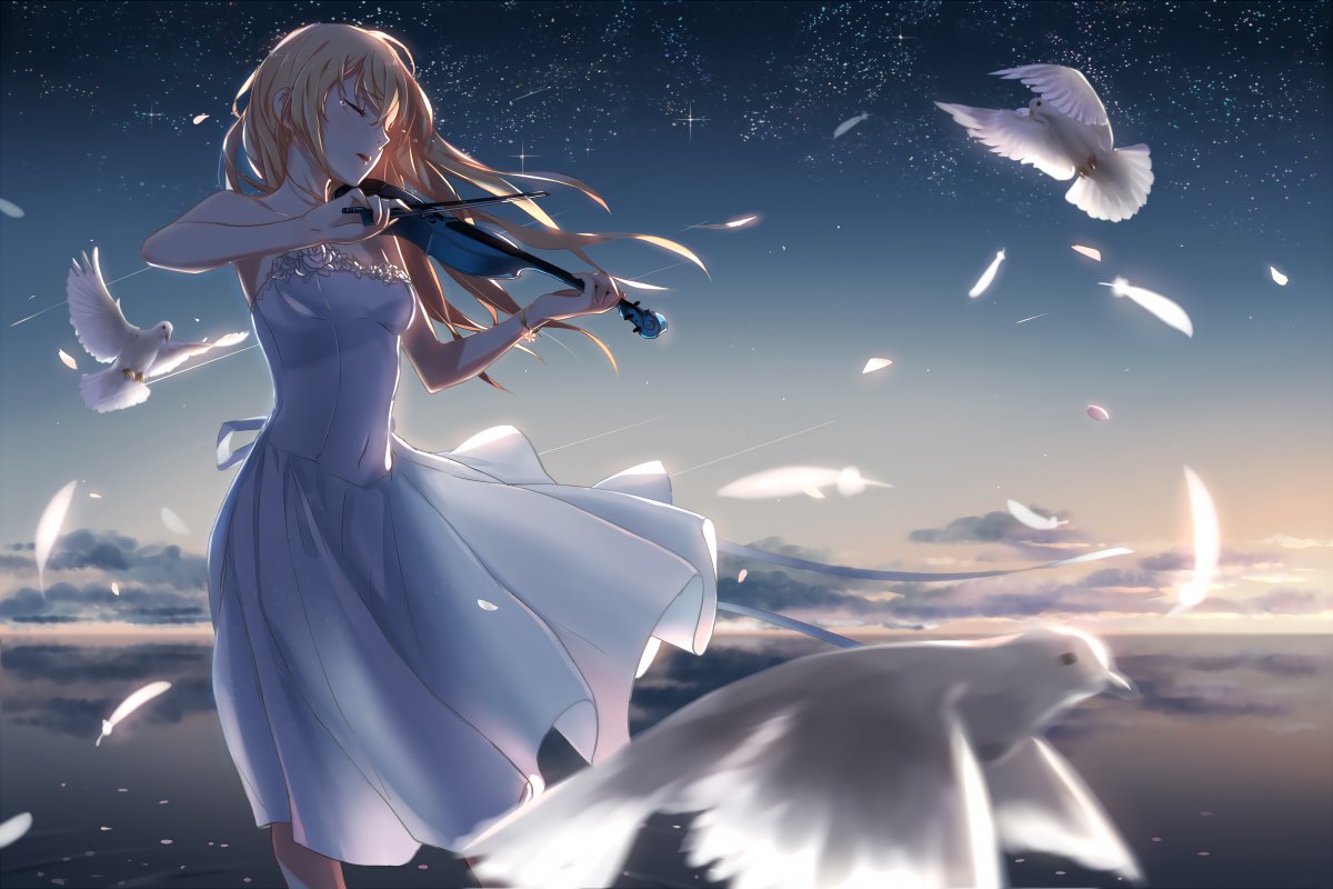 天空少女小提琴鸽子唯美4k动漫图片