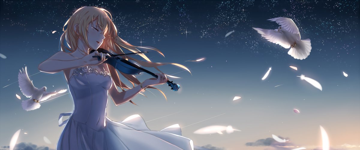 唯美天空鸽子拉小提琴的少女图片