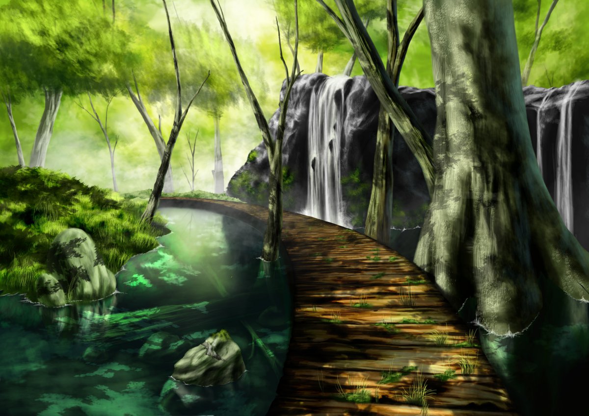 森林 树木 桥 唯美绘画手绘4k动漫风景图片,4k高清动漫图片,娟娟壁纸