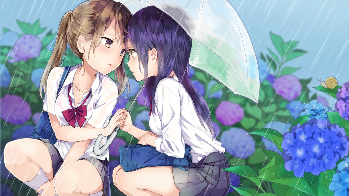 雨天雨伞两个可爱女学生4k动漫图片
