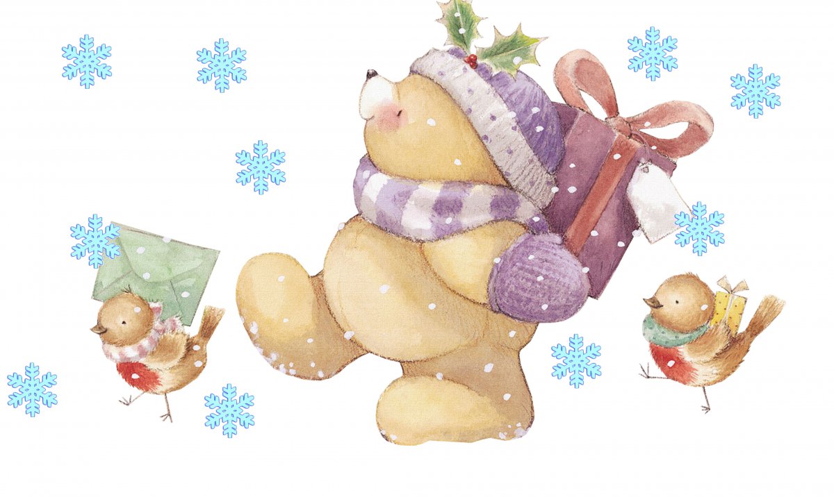 冬天 小鸟 信 雪花 玩具熊 礼品 4k卡通图片,4k高清动漫图片,娟娟壁纸