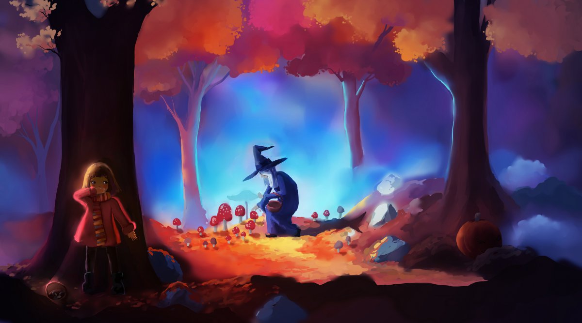 万圣节 森林 晚上 女巫 小女孩 4k动漫图片