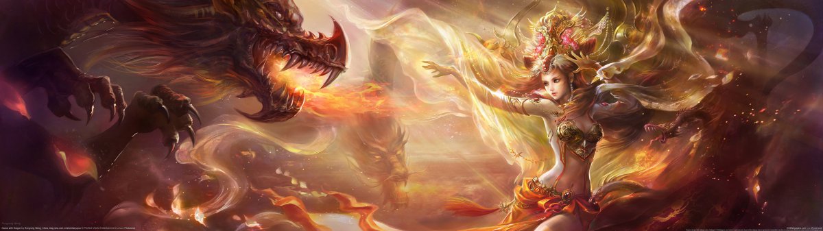 中国风美女人物插画与龙共舞5120x1440图片