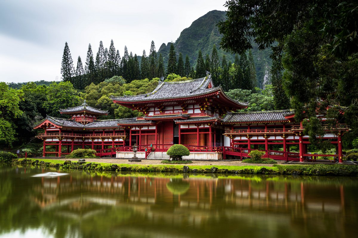 树寺庙和池塘高清4k风景图片