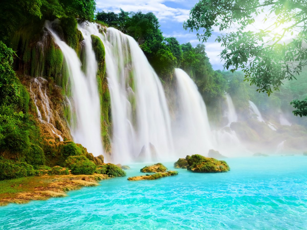 漂亮的瀑布风景 水 树木 4k图片