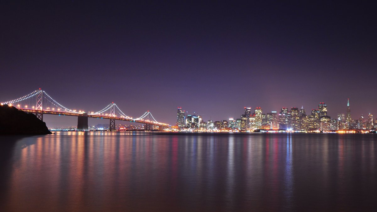 旧金山城市河流桥梁摩天大楼晚上图片