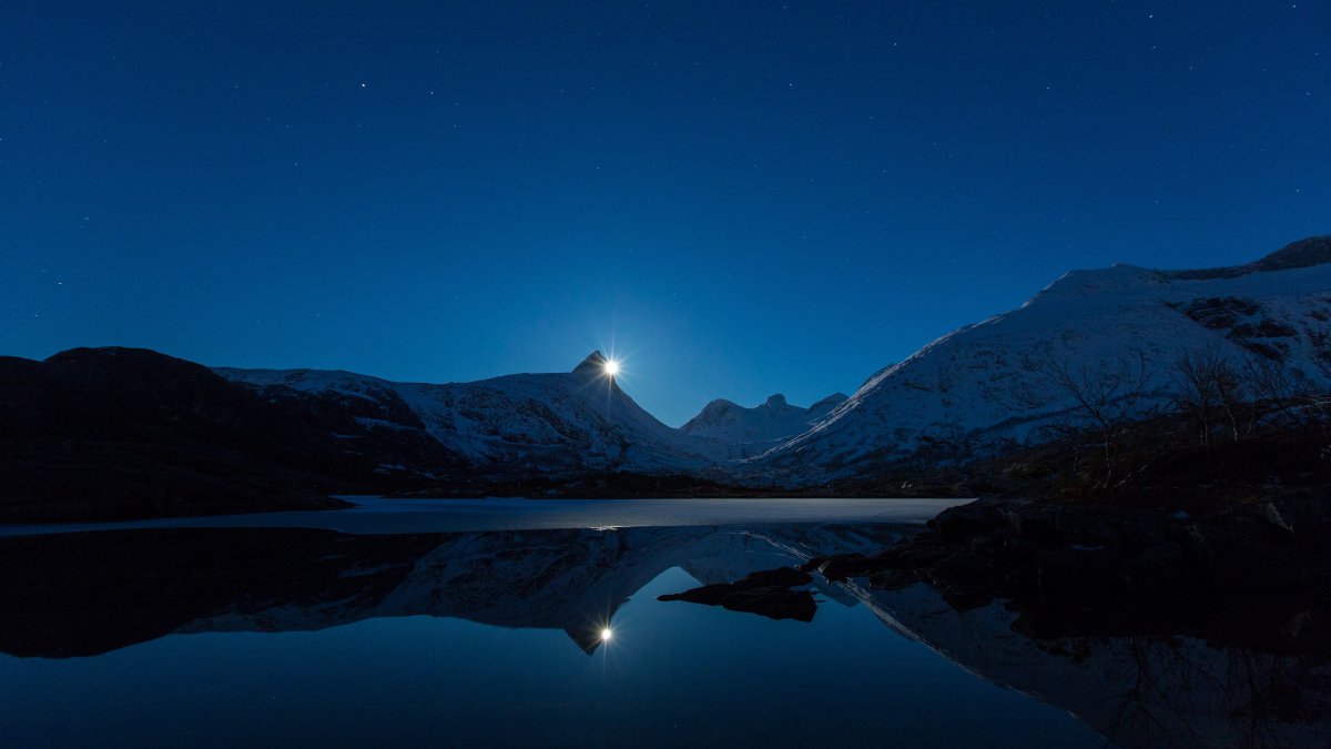 夜晚的月光和湖泊风景图片