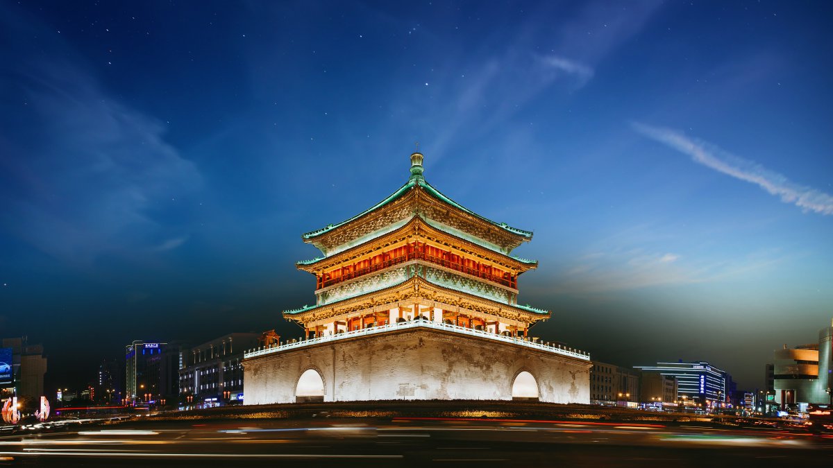 中国西安城市地标钟楼鼓楼图片