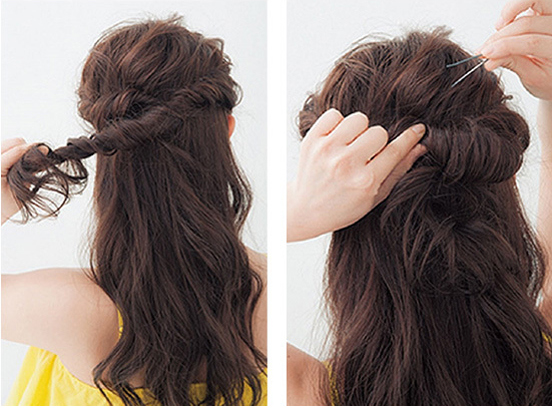 step4:两束头发如图交叉编织到后脑位置,另一边的头发同样处理