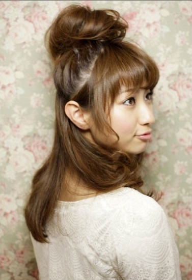 中长发半扎可爱花苞头图解,花苞头图片,发型图片