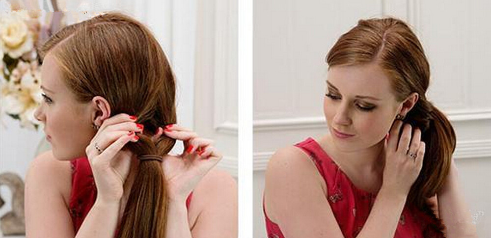 步骤二:将全部头发拢到脑侧边,然后用皮筋将扎成侧边马尾辫.