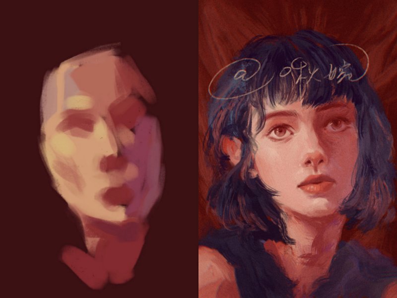 procreate电脑板绘厚涂复古红棕色短发女生,短发图片,发型图片