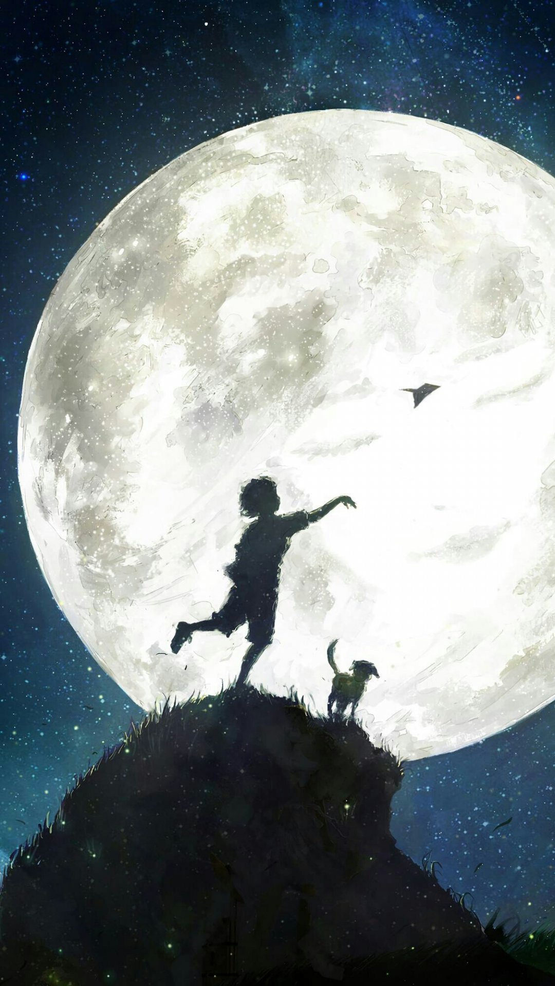 巨大的月亮的夜幕下带着小狗狗的男孩手机背景
