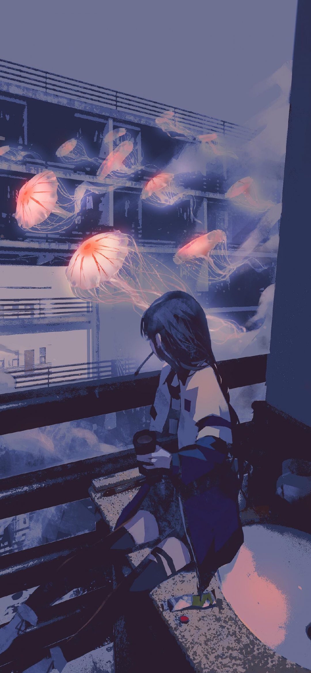 长发动漫女学生看着窗外会飞的水母唯美壁纸