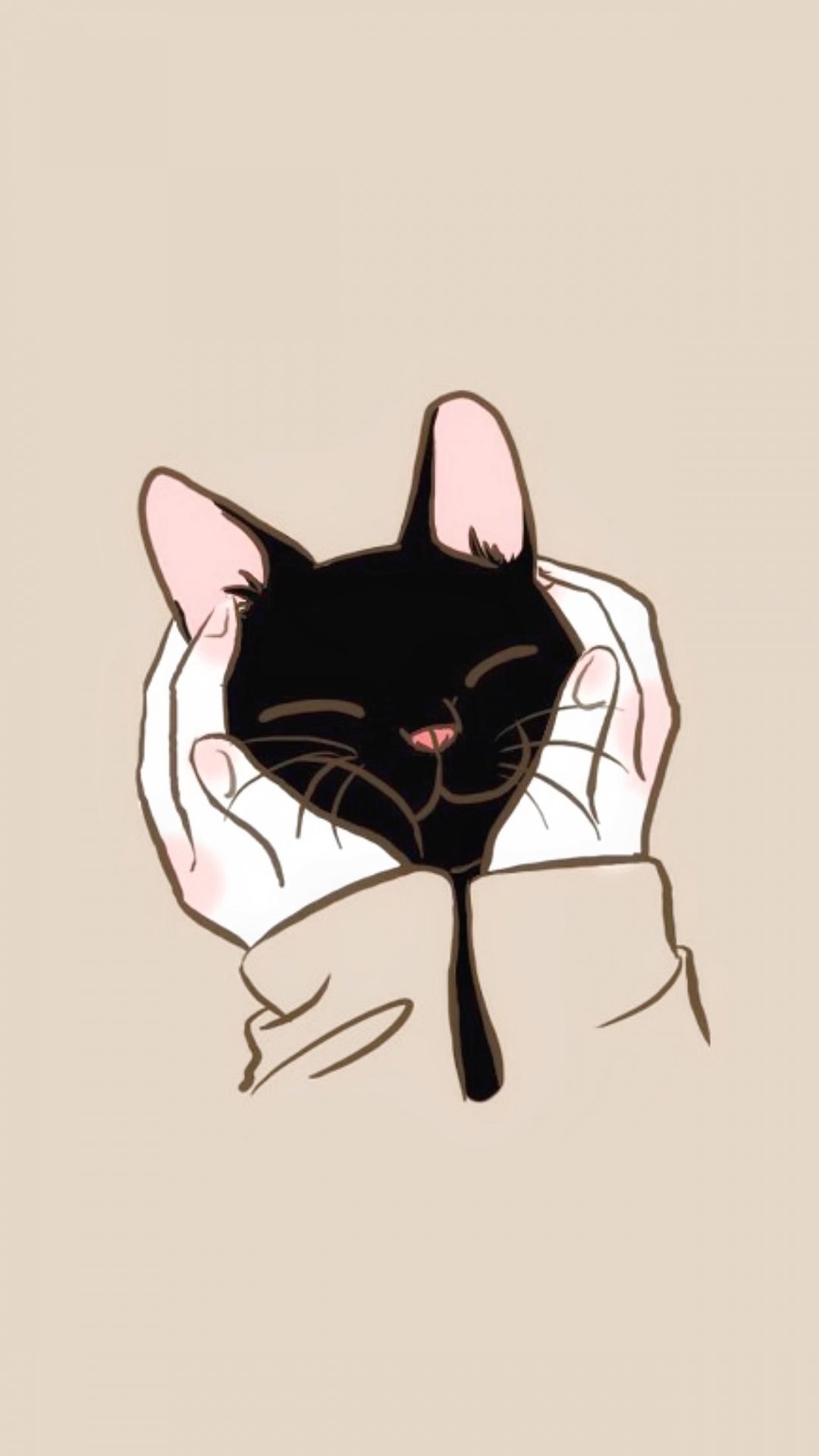 粉色背景,一只被双手抱住脸的卡通黑猫