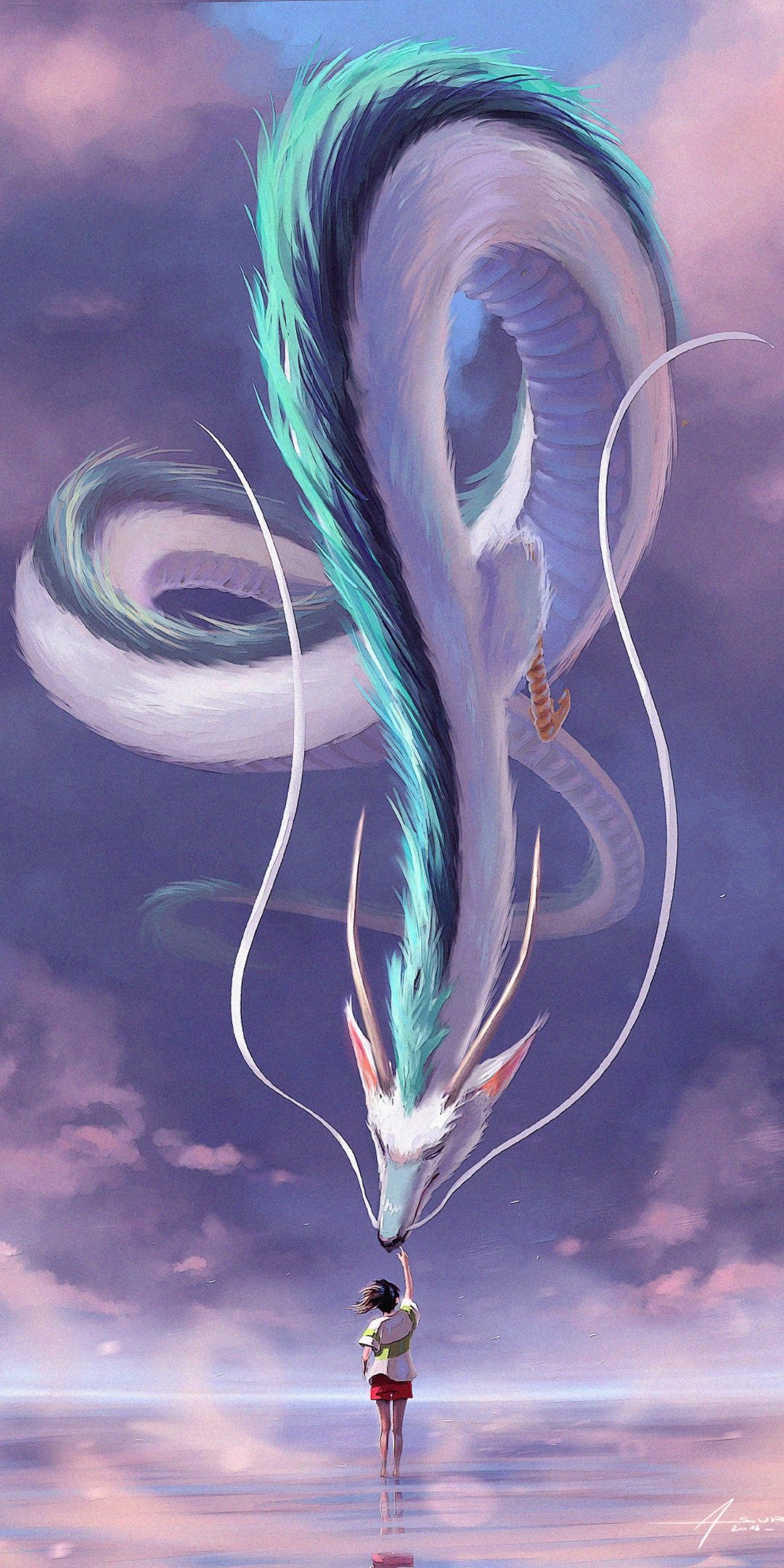 动漫小女孩触摸白龙的胡须的