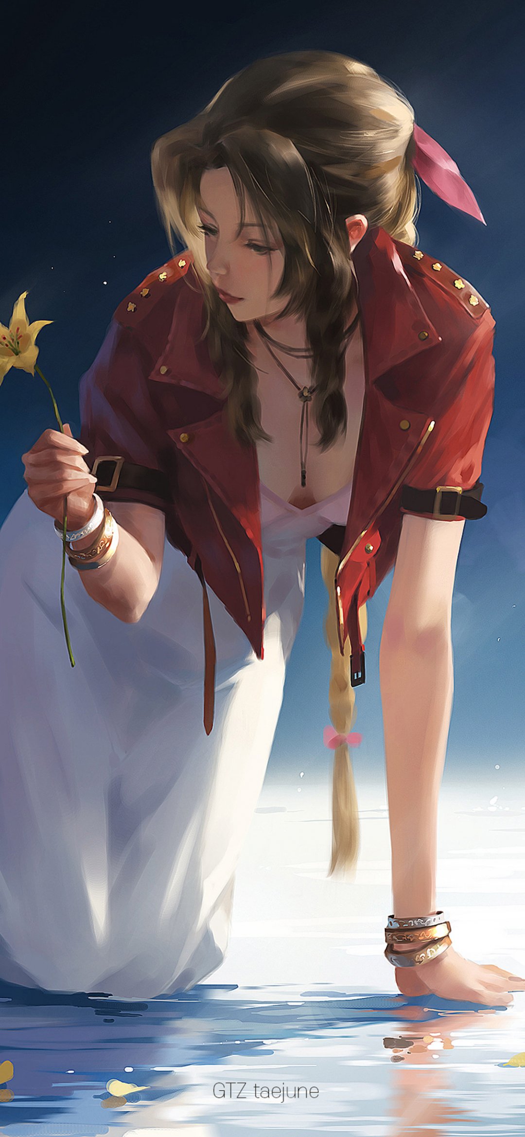 双膝跪地,手拿一束花的性感动漫女生图片,高清图片,手机壁纸