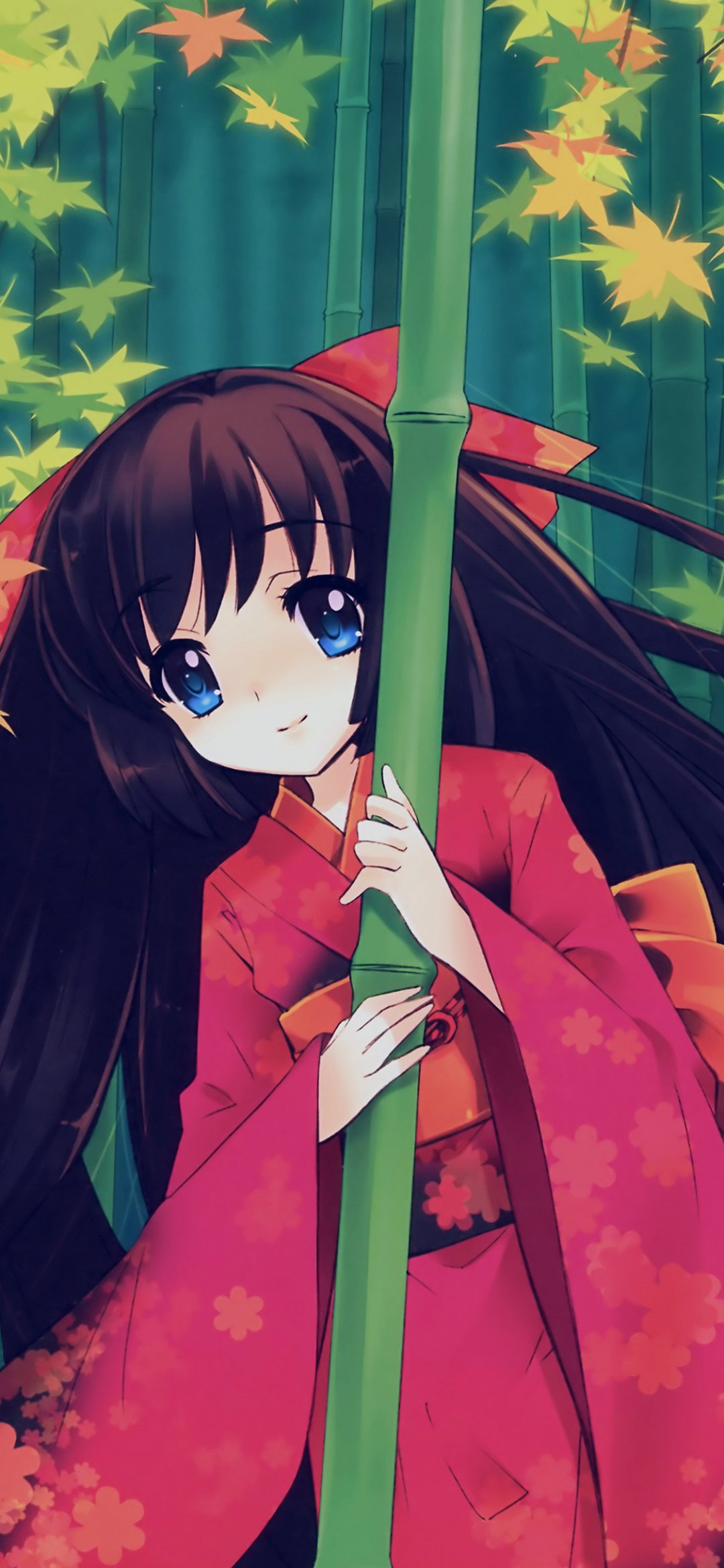 竹林抱着竹子穿红色和服的动漫少女