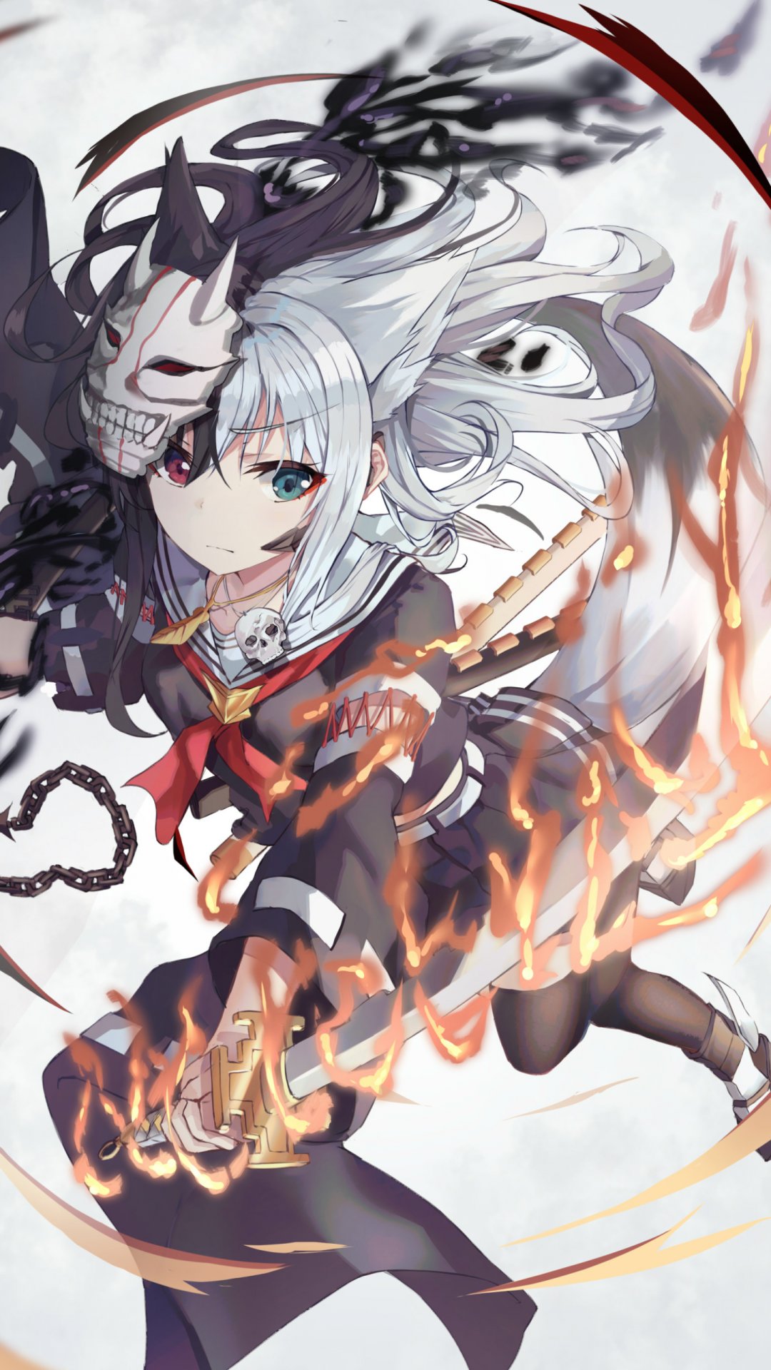 鬼面面具,挥刀扬起火焰的动漫人物