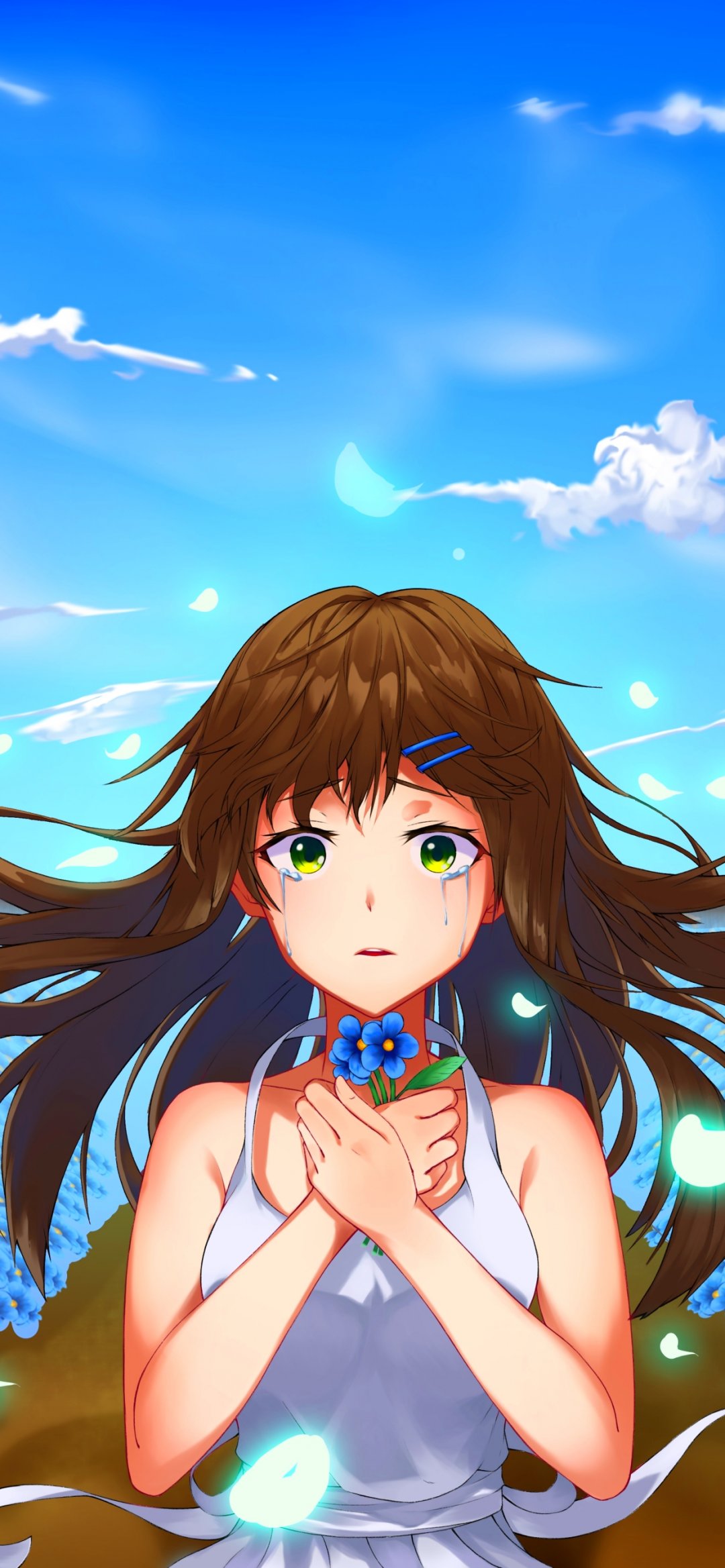 蓝蓝的天空下双手捧花的动漫少女