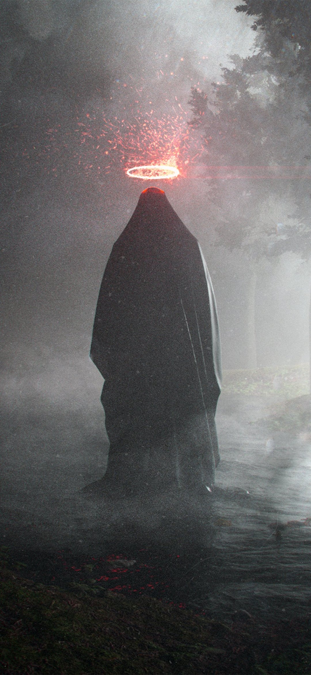 幽暗的森林披黑衣头上有光环的人物背影个性