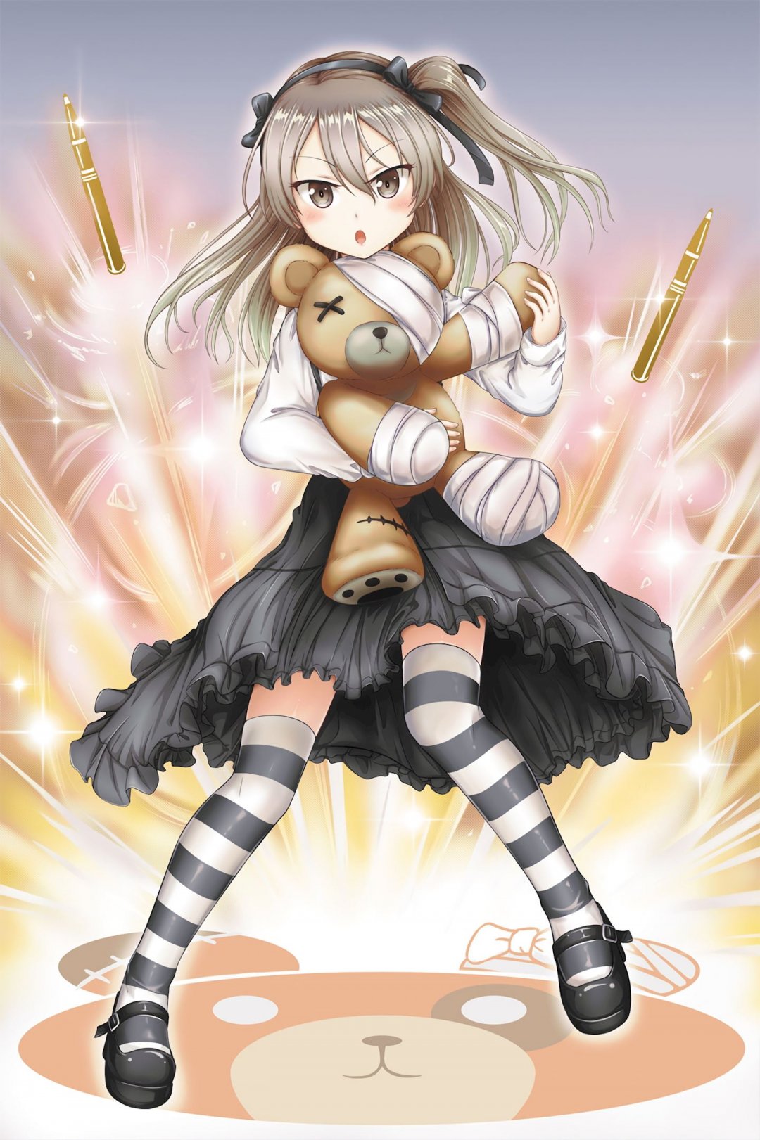 可爱少女孩长发白发连衣裙袜泰迪熊