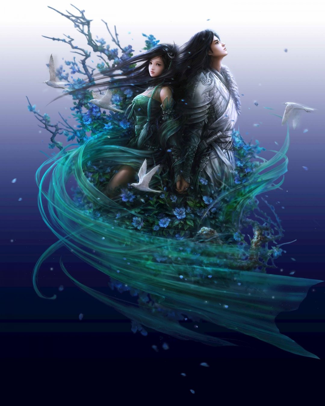 插画中国风古装3d古风情侣 侠侣美女