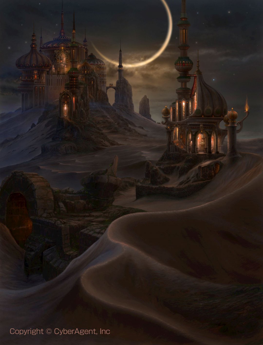 动漫风景荒漠城堡圆月