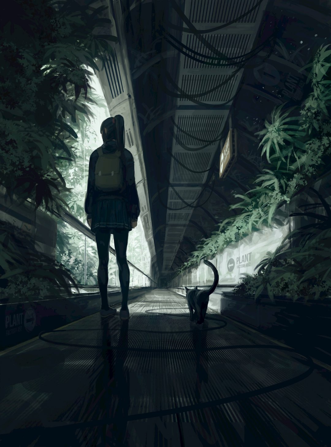 女学生黑发马尾动漫女孩校服背包连裤袜夜晚走廊绘画插图