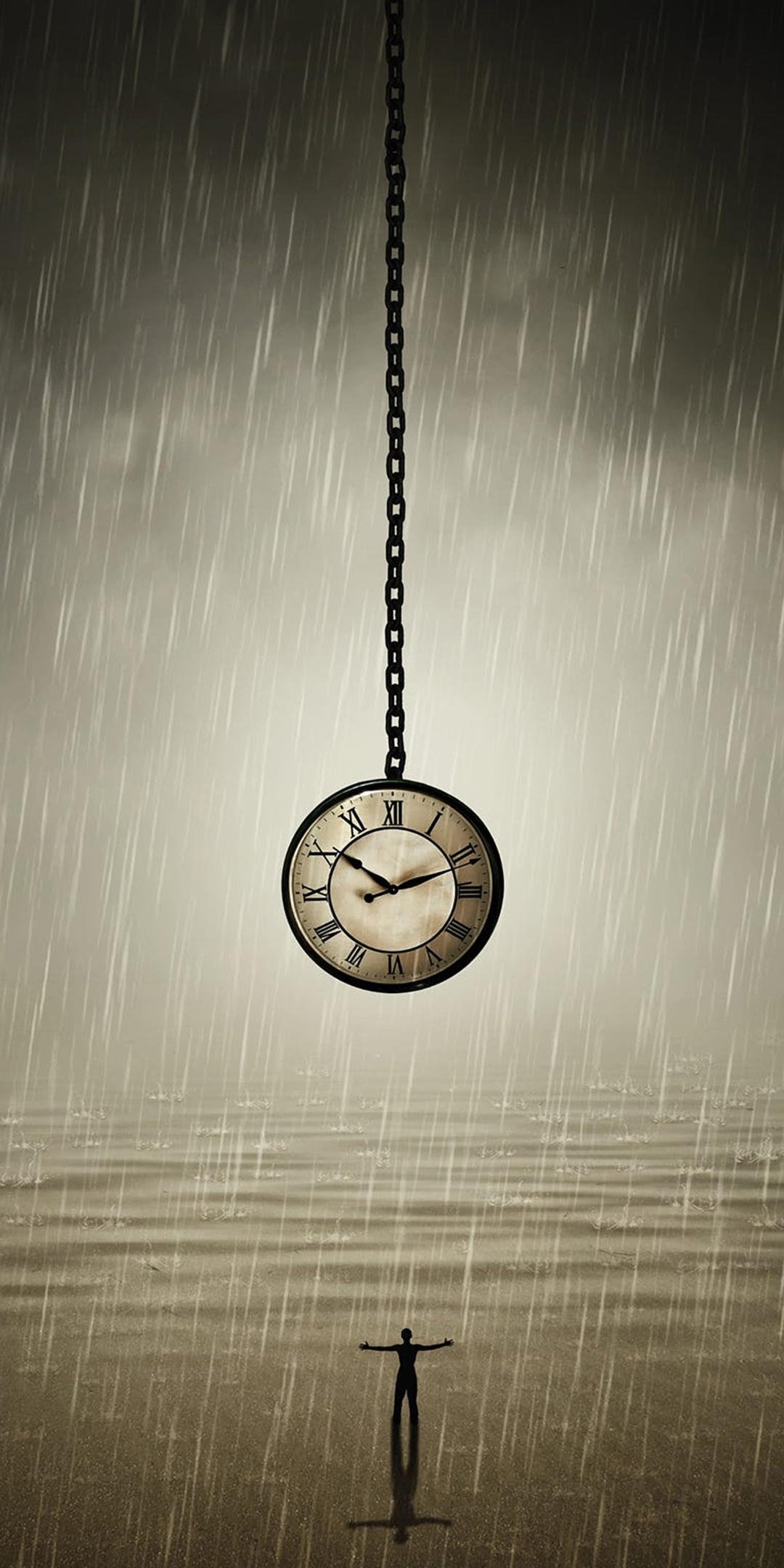怀表下孤独的雨中背影,高清图片,手机壁纸
