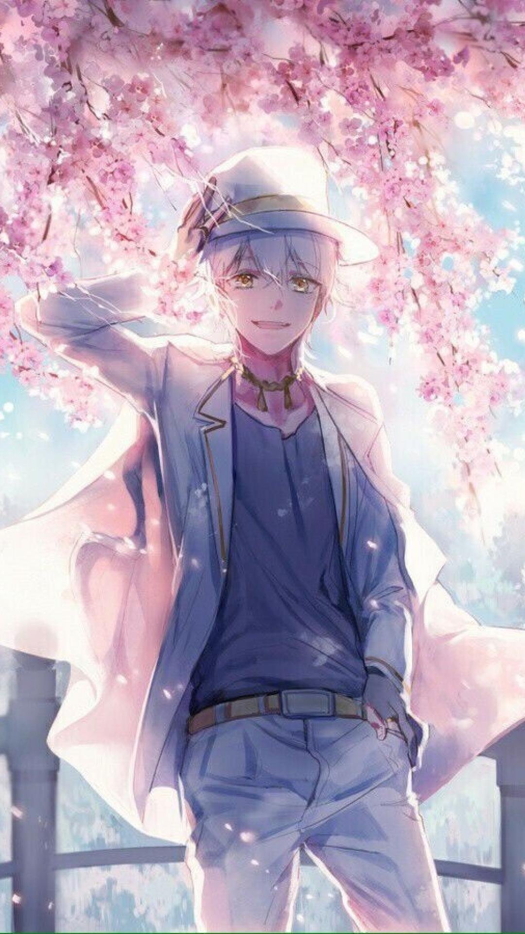 唯美的樱花树下的美男子