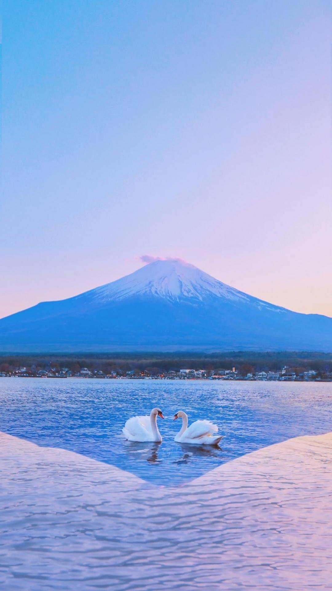 富士山下的清澈优美湖泊美景,高清图片,手机壁纸