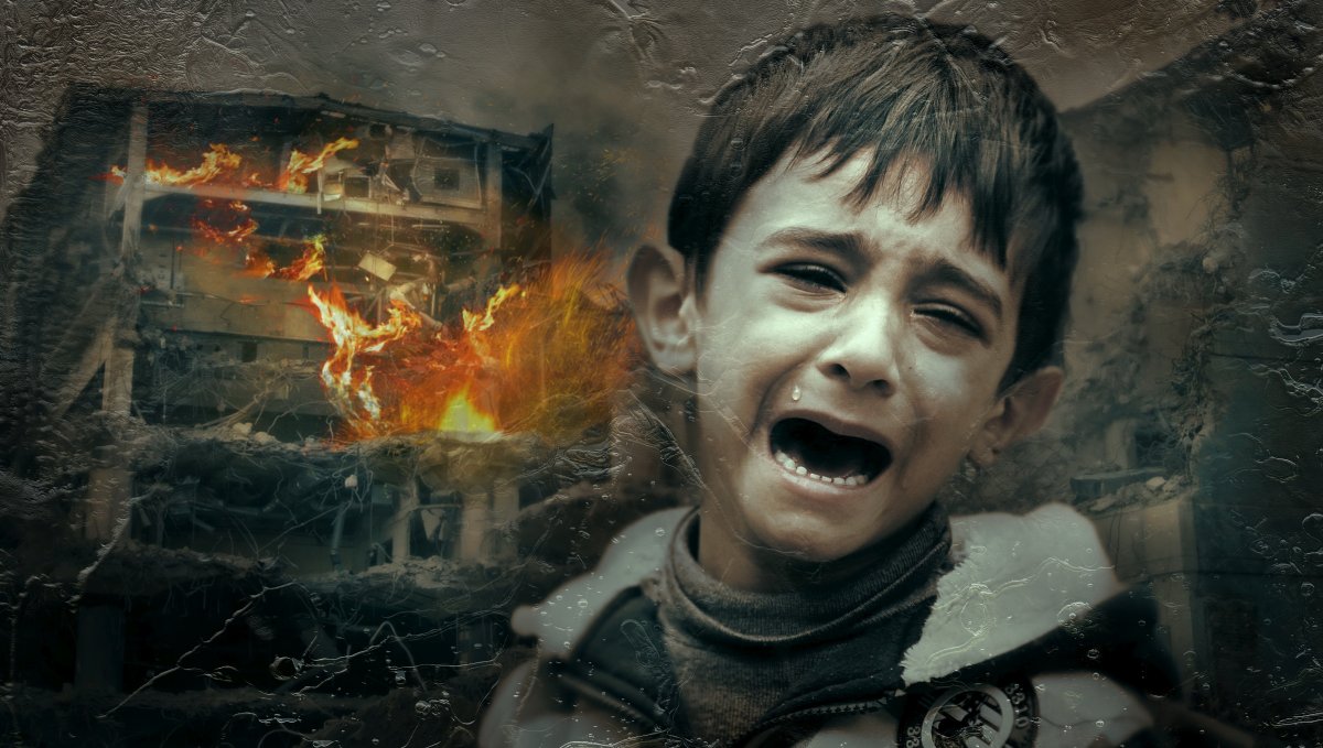战争中的小孩绝望图片
