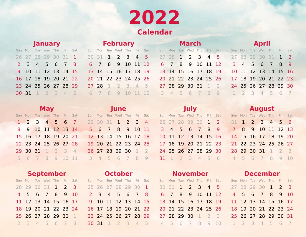 2022年全年日历图片,高清图片