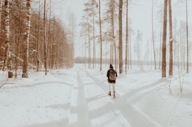 冬天走在山林小路的人物背影图片