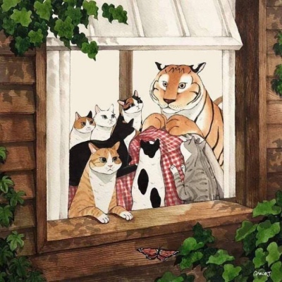高清温暖的猫和老虎插画头像图片